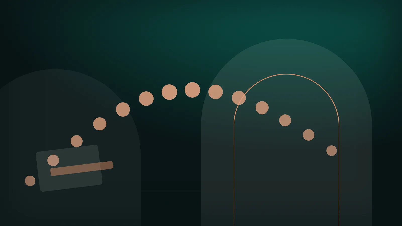 Illustration of coins arcing between two dark teal arches, with a stylized bank card on the left.