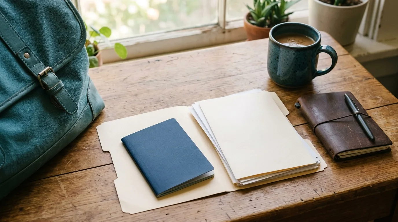 Pasaporte azul dentro de una carpeta de documentos organizada, junto a un bolso de viaje y una taza de café sobre la mesa.
